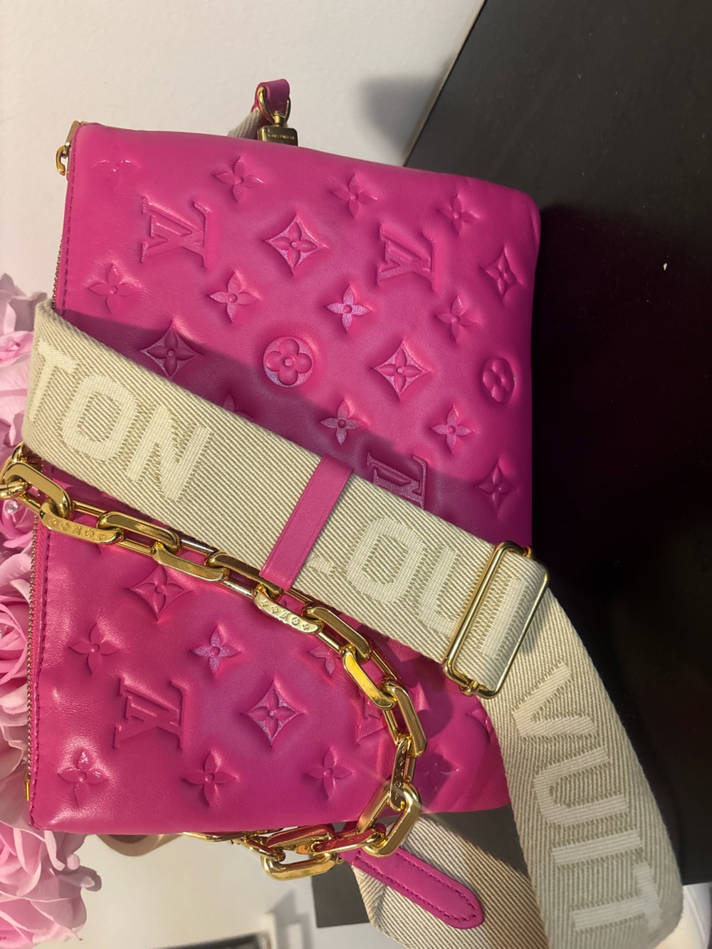 Louis Vuitton Hot Pink Monogram Shoulder Bag with Cream Logo Strap